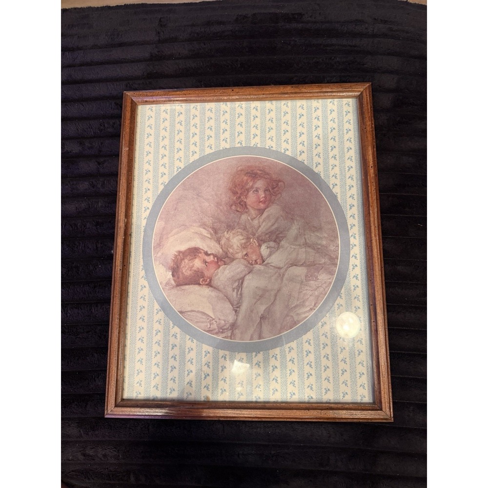 Children In A Bed Old Color Print Dallas Wood Craft 1st Printing 1982 Framed